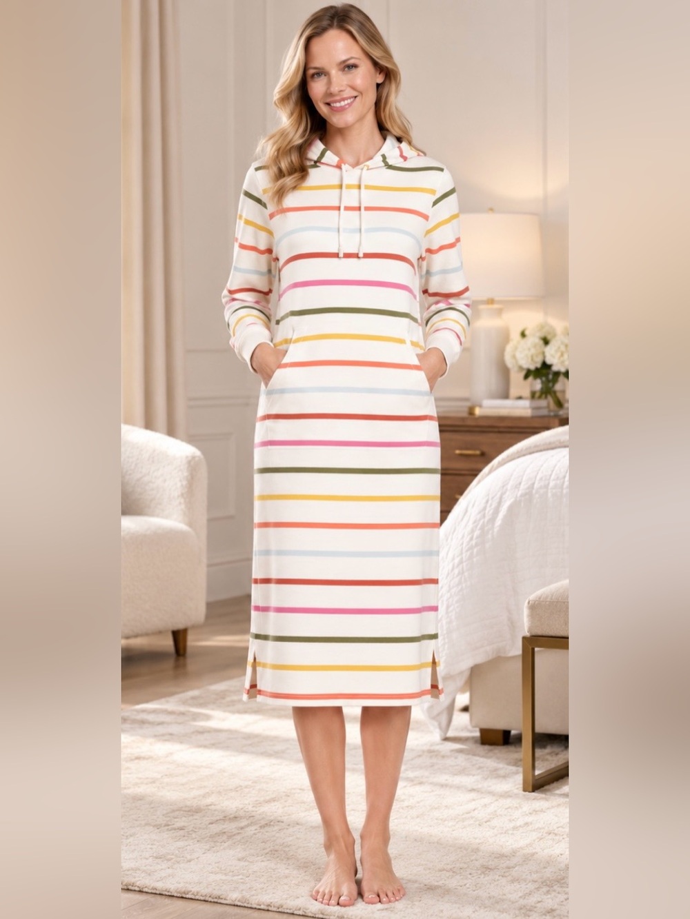 LandsEnd Wm Serious Sweat Shirt Night Gown Cotton/Lounger/Hoodie/Pocket/Pullover